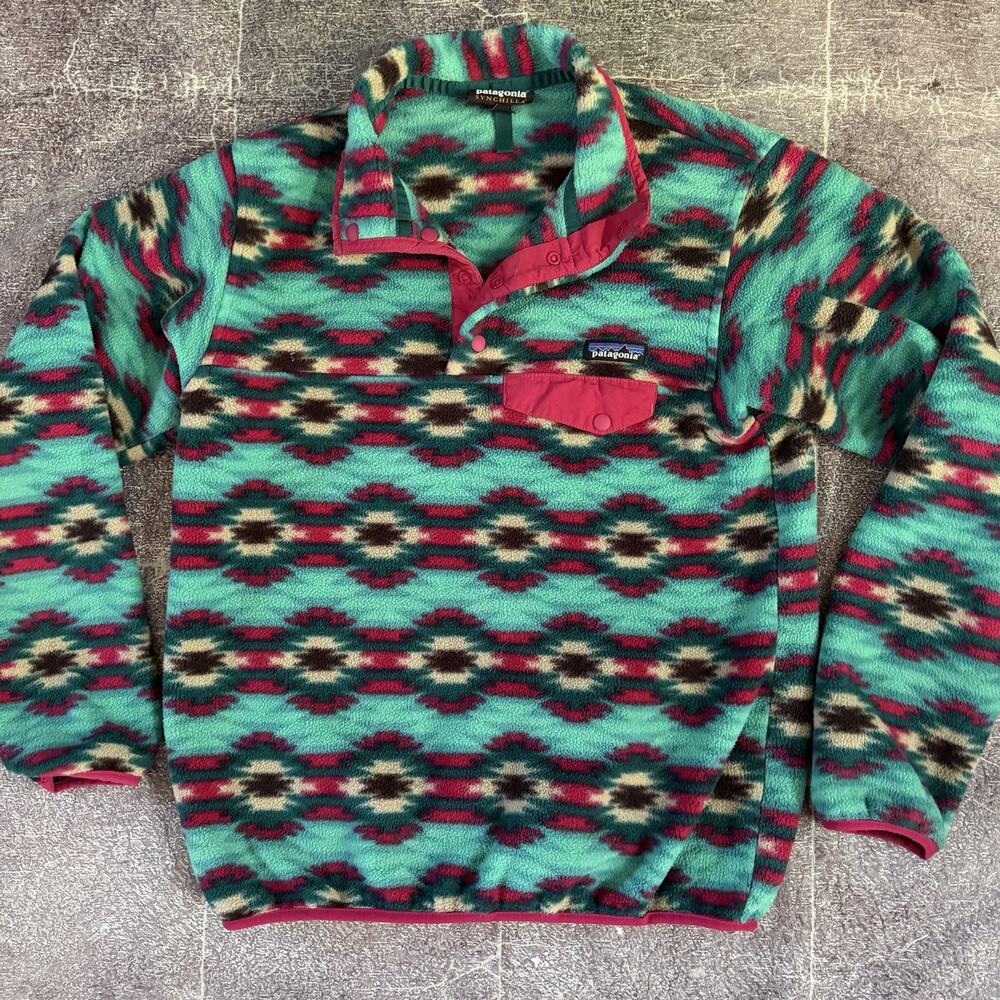 Women's Patagona Synchilla Snap T Tribal Aztec Green Fleece Pullover Jacket Sz M